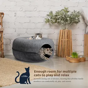 20/24 inch cat litter with a small white toy fur ball, kitten tunnel bed designed for indoor cats,  donut tunnels for pet cat houses , cat cave donut beds, removable round cat felt and washable indoor cat play tunnels, light grey/dark grey