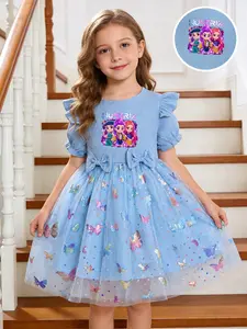 Girls' Dreamy Butterfly Mesh Dress, Cartoon Character Print, Blue Bubble Sleeve Princess Dress, Kids Fashion Clothing, Cute Dress