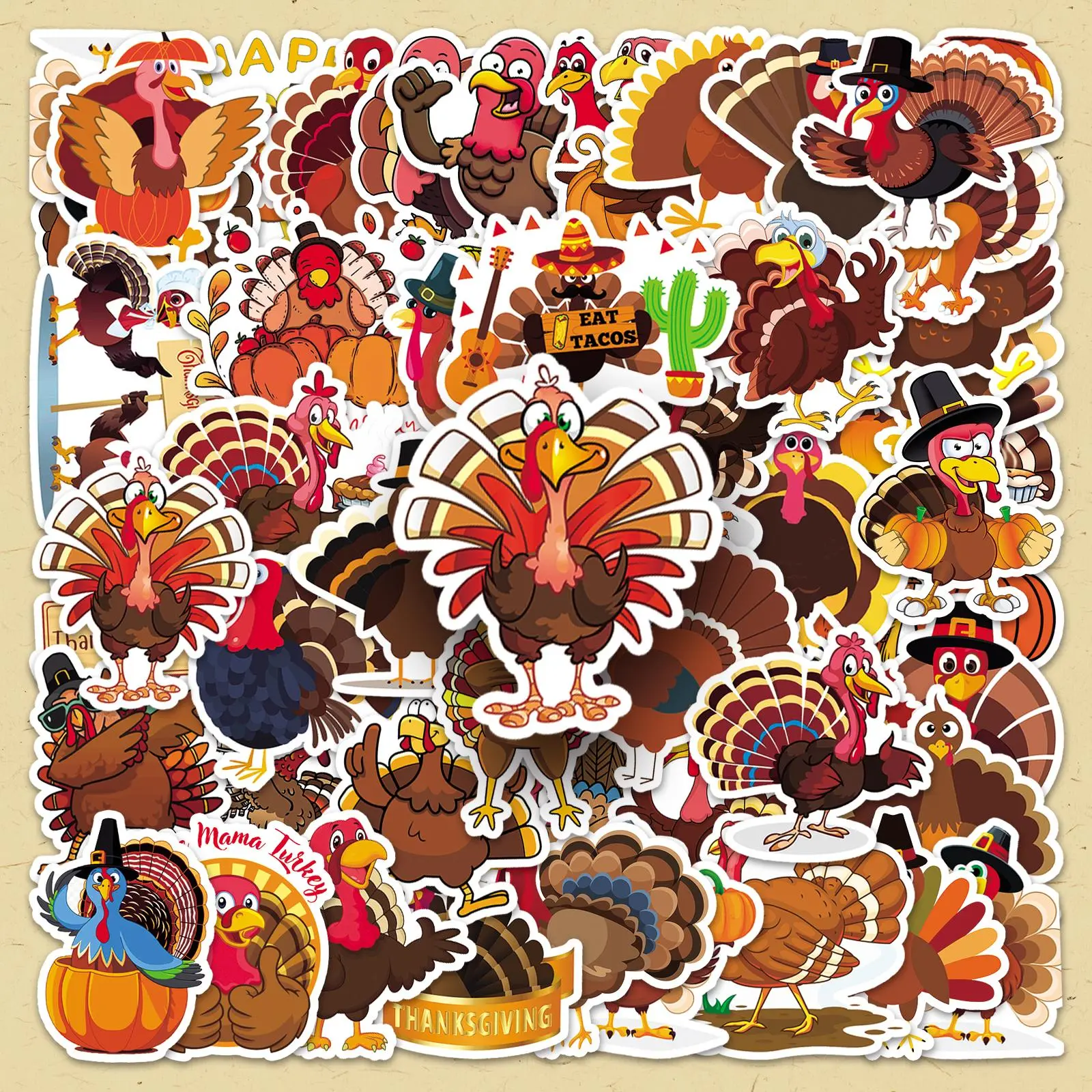Festival Themed Sticker, 50pcs/set Cartoon Turkey Pattern Decorative Sticker, DIY Decals for Water Bottle, Laptop, Phone Case, Scrapbooking, Journal Making