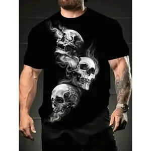 Men's Edgy 3D Skull Print T Shirt Casual Short Sleeve Round Neck Tropical Style Breathable Polyester Blend Ideal for Summer and Spring Outings Sizes Small Medium Large X Large XX Large