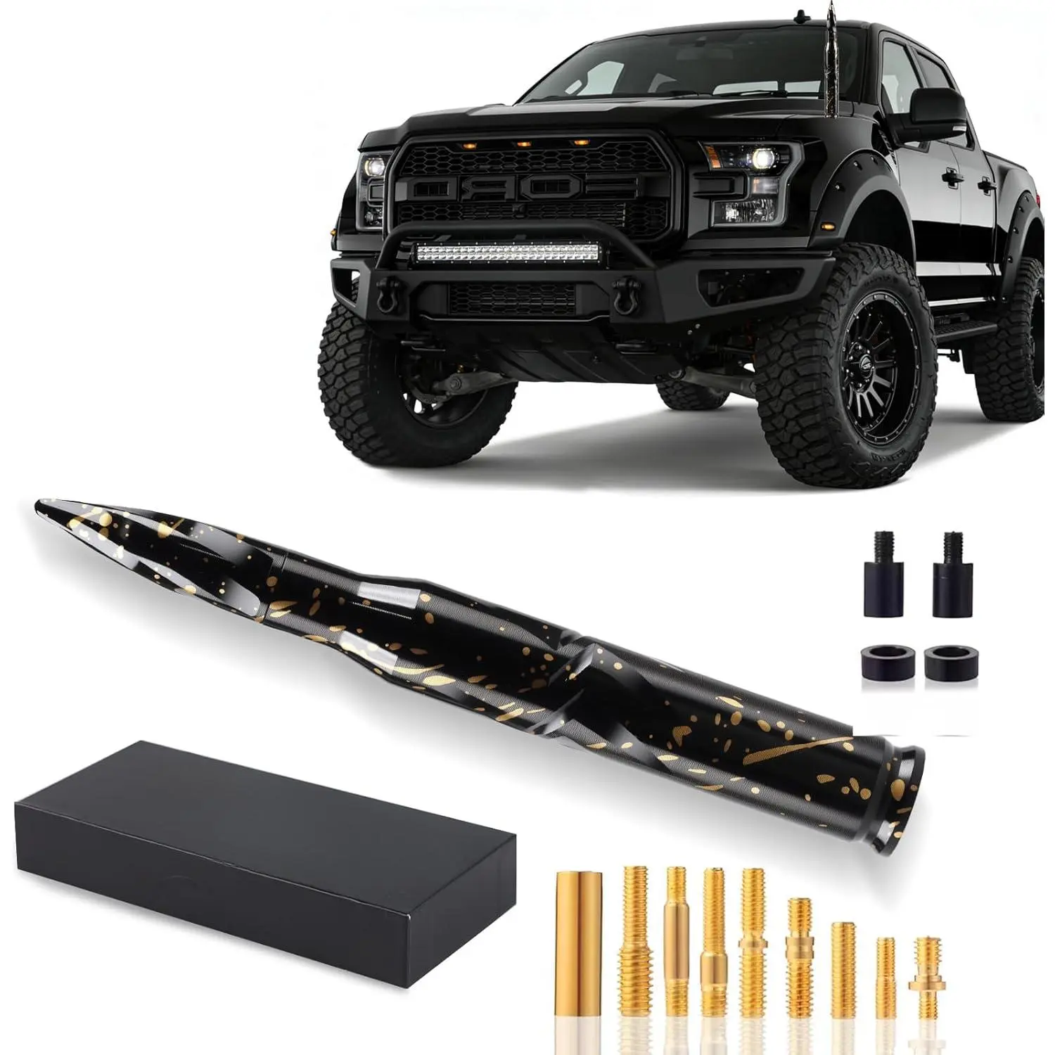 5.5in Iridescent Stubby Bullet Antenna with Valve Stem Caps, Copper Coil Low Profile Vehicle Accessory for Chevy Silverado, GMC Sierra & GMC Denali Heavy Duty Pickup Trucks