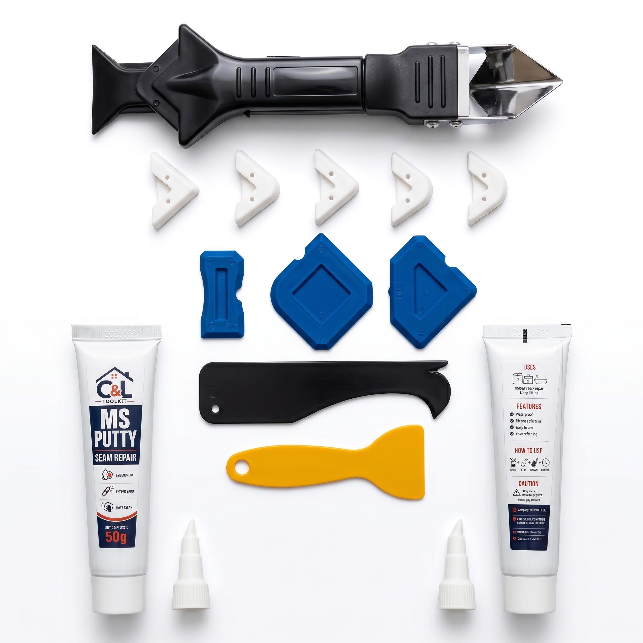 Professional 3-in-1 Silicone Caulking Tool Kit and 2 MS putty tubes– Remove Old Sealant & Create Perfect Smooth Edges - Caulk Removal & Finishing Tool, 2 addtional MS putty tubes, value pack.