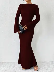 Elegant Solid Long Sleeve Maxi Dress for Women Stand Collar Ribbed Knit Mermaid Hem with Bell Sleeves Slim Fit for Fall Winter Spring Evening Outfit Minimalist Chic Long Dress for Parties Dinner Events Daily Wear