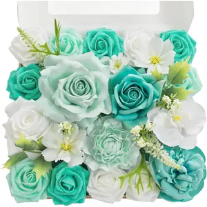 TINGE TIME Artificial Flowers Combo Mix Silk Flowers Teal Green Roses w/stem for DIY Wedding Bridal Bouquets Baby Shower Floral Arrangement Table Centerpieces Home Decorations (Teal Green) Box Decorative Fruit Light