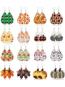 Natural 16 Pairs Colorful Earrings Faux Leather Stainless Steel Earrings for Women Men Autumn Teardrop Dangle Earrings Set Pumpkin Sunflower Maple Leaf Acorn Thanksgiving Jewelry Set