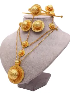 Golden Plated Ethnic Elegant Jewelry Set for Women – 6PCS Traditional Bridal Jewelry Set with Hair Accessories, Earrings, Necklace, Bangle, Ring, Hairpin – Vintage Carved Floral Design, Perfect for Wedding, Party, Festival, Daily Wear