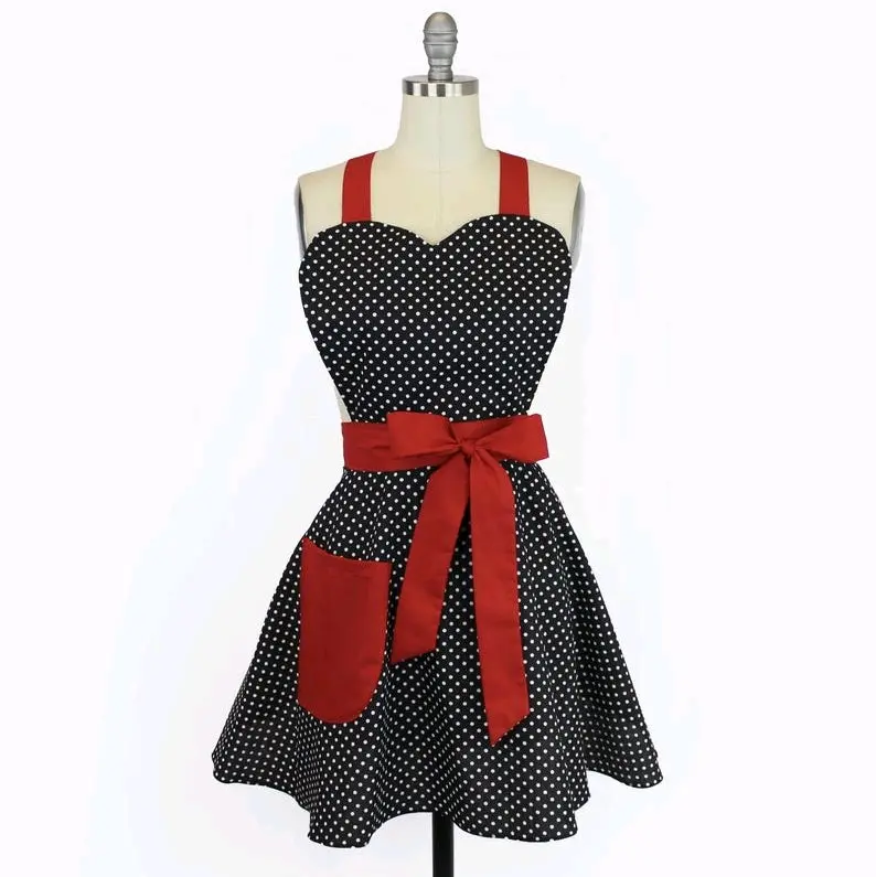 Retro Vintage Inspired Black And Red Polka Dots Pinup 1950s Apron Gift For Her