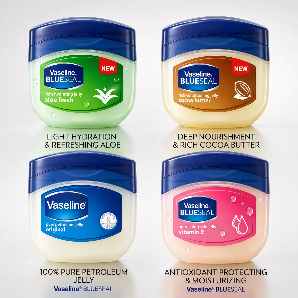 Vaseline Petroleum Jelly Variety Set 4 Pack (50mL / 1.7oz) – Blue Seal Original, Aloe Fresh, Cocoa Butter & Vitamin E Multipack Mix Bundle