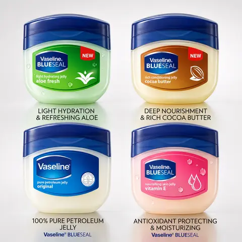 Vaseline Original Petroleum Jelly 4-Pack Gift Set, Beauty Self Care Bundle with Cocoa Butter, Aloe, Vitamin E, Nourishing Moisturizer, Lip Softening Balm, 50ml Skin & Lip Restorer for Hydration Boost