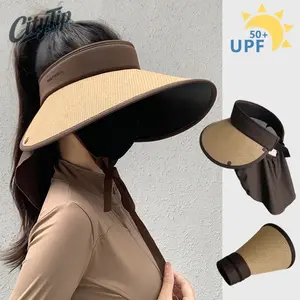 Women's UPF 50+ UV Protection Sun Visor Hat with Neck Flap | SunSafeTok BeachTok High Ponytail Wide Brim Foldable Rollable Hat | Adjustable for Beach Travel Hiking Fishing Summer Outdoor Wear