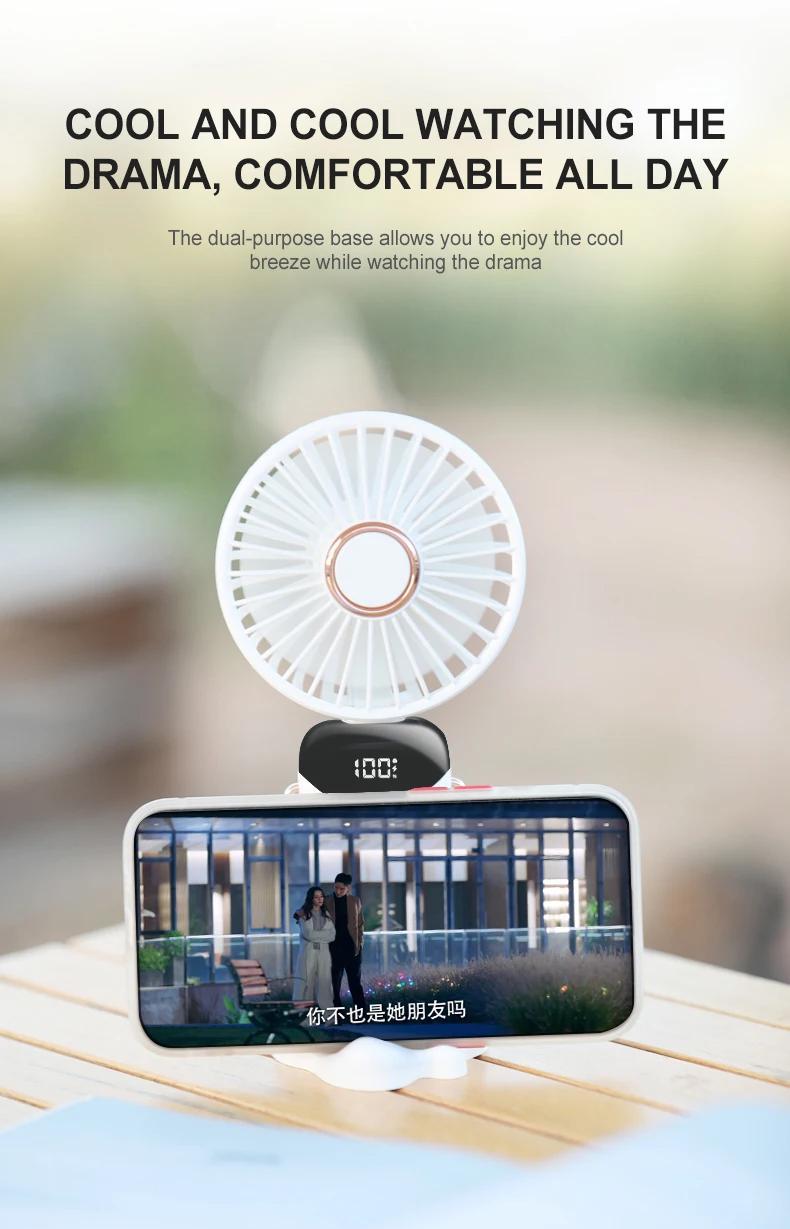 3000mAh Handheld Mini Fan Foldable Portable Neck Hanging Fans 5 Speed USB Rechargeable Fan with Phone Stand and Display Screen