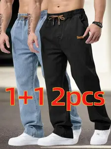 2026 Men's Drawstring Elastic Waist Washed Straight Leg Jeans, & Blue, 2 Piece Set, Casual Daily Wear, All Seasons