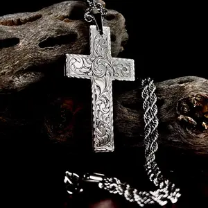 Handcrafted Cross Pendant Hand Engraved with 24 Inch Stainless Steel Chain for Men Women Jewelry 2x1.3 Inches