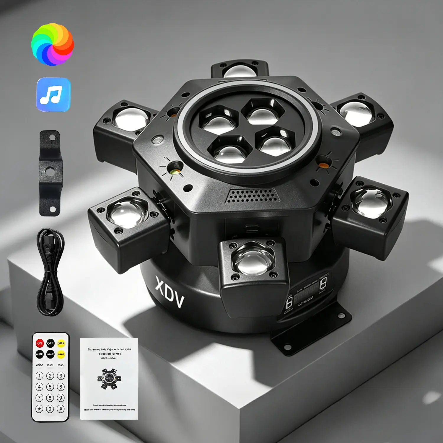 XDV 6-Eye 6-Arm Moving Head Stage Light, Upgraded Bee-Eye 6-Arm DJ Party Light from 4-Arm Bee-Eye Design, 150W RGBW Sound Active Light with Laser, Strobe, Remote Control & DMX512 for Bar, KTV, Club, Home Parties Halloween Day