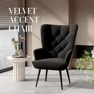 PU Leather Upholstered Accent Chair, Mid Century Modern Wingback Chairs, Living Room Reading Armchair, Tufted Button Side Chair for Living Room Bedroom, Black