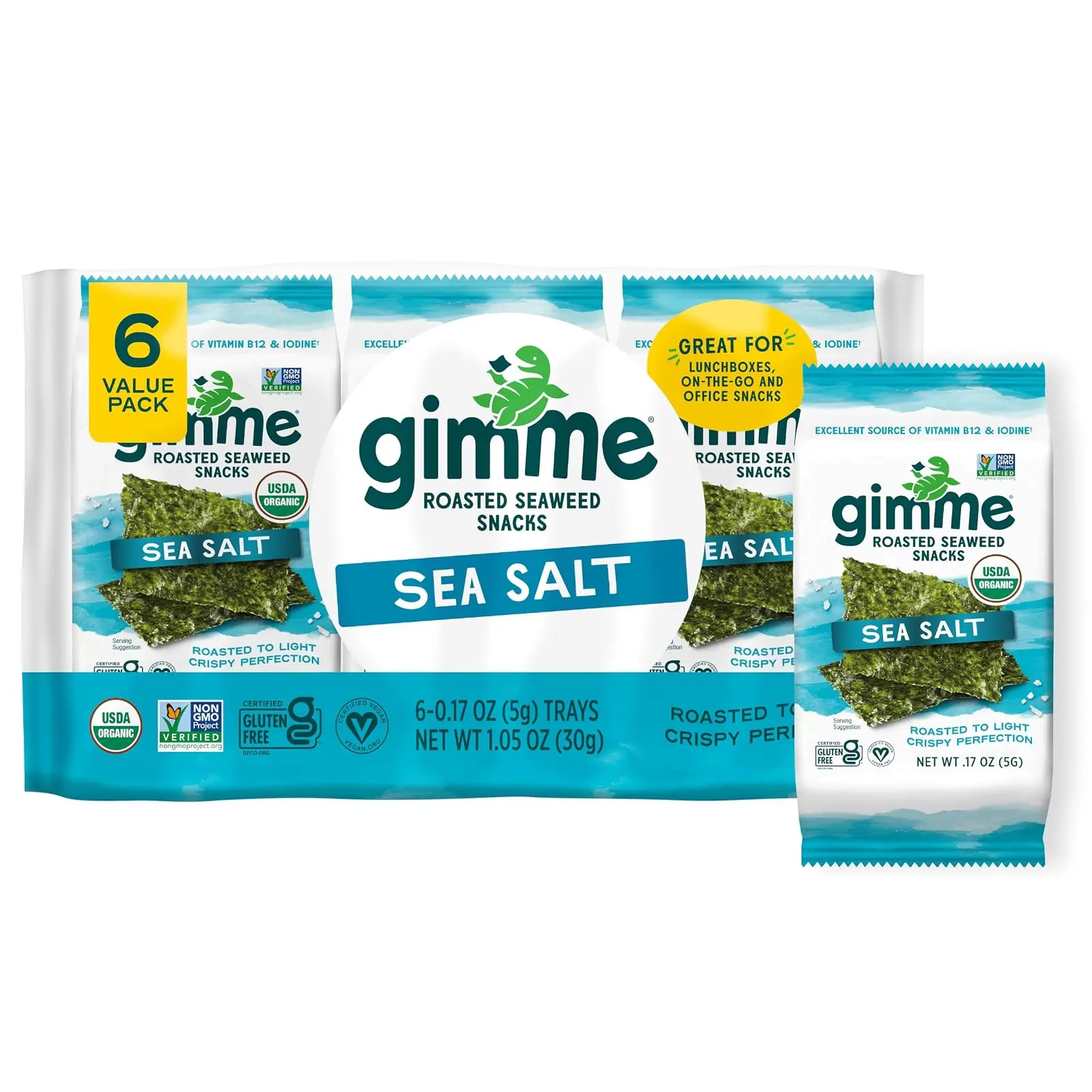 Gimme 6 CT Sea Salt Organic Roasted Seaweed Snacks, 5g, 0.17oz