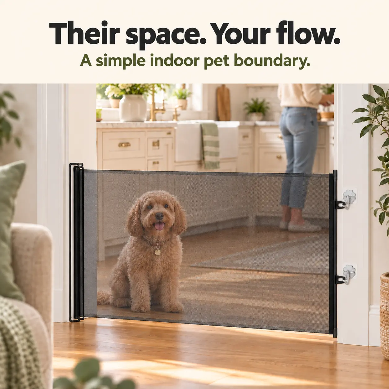 Retractable Mesh Pet Gate for Dogs and Cats with No-Drill Adhesive Mounting, Adjustable Width Indoor Dog Barrier for Doorways, Hallways, Kitchens and Bedrooms, See-Through Mesh and Space-Saving Roll-Up Design for Room Separation