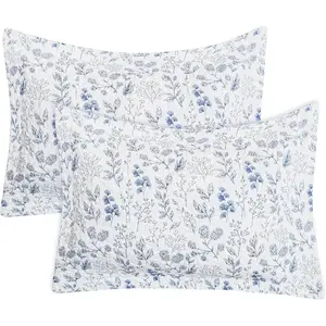 Pillow Shams Standard Size 20x26, 2-Piece Blue and White Floral & Leaves Pattern Printed Pillow Covers, Soft & Cozy Quilted Cotton Decorative Pillow Cases for Bed
