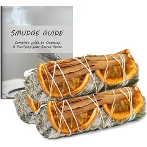3 Pack White Sage Orange Cinnamon Sage Smudge Sticks for Money Cleansing House, Abundance, Money, Negative Energy Cleanse, and Smudging with Starter Guide| 4 Inch Bundles