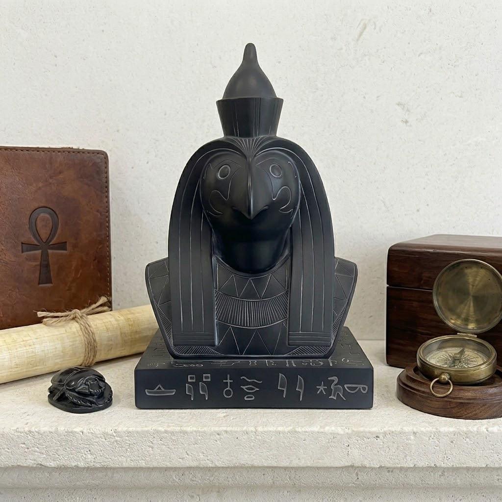 Ancient Egyptian Horus Falcon God Bust - Black Resin Pharaoh Horus Statue with Hieroglyphic Base | Mythological Sky God Sculpture for Executive Office, Library, Study | Premium Egyptian Protector Collectible Gift