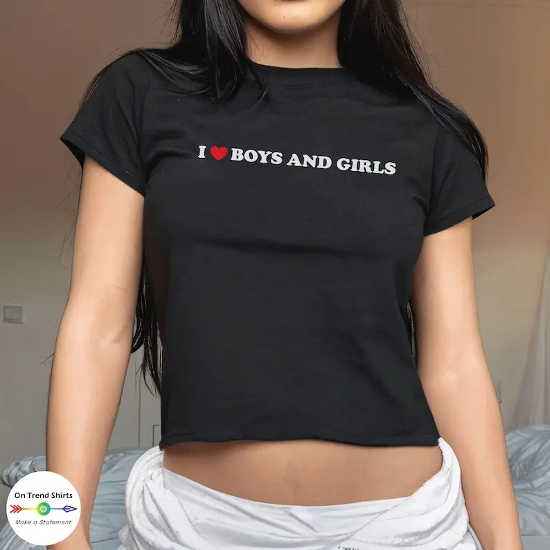 I Love Boys and Girls Bisexual Shirt, Bisexuality Y2K Baby Tee, Bi Pride Shirt, trendy Bi Shirt, 90s style Queer Fashion, LGBTQ+ T-Shirt