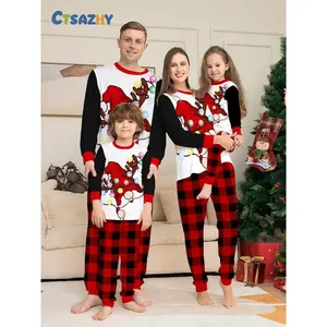 Christmas Color Block String Light Pajamas Set, Shoulder Pad + Santa Deer Print, Soft Stretch Fabric, Fall & Winter