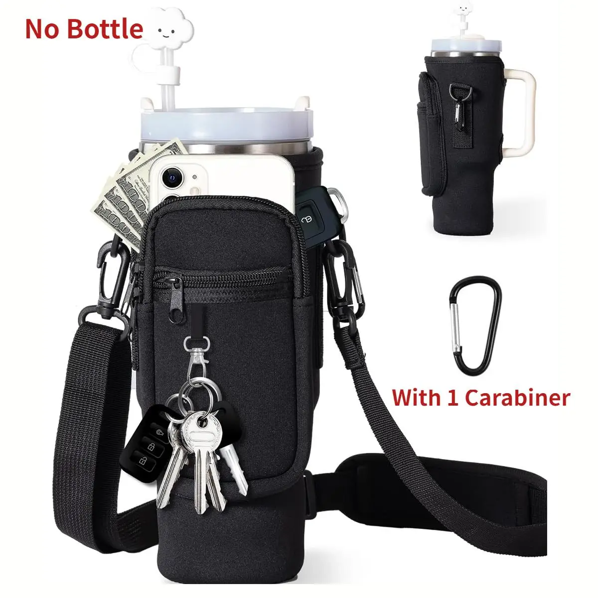 Water Bottle Carrier, Outdoor Sports Water Bottle Holder with Adjustable Strap & Carabiner for 30oz Flask Water Cup, Summer Gift[without Water Bottle]
