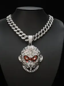 Men Women Punk Charm Pendant Necklace, Iced Out Sparkling Cuban Chain Design, Cuban Link Design, High Quality Zinc Alloy Animal Eyes Monkey Jewelry Gift