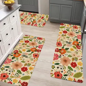 Floral Shaggy Soft Hallway Runner Rug 3-Piece Set Non-Slip Entryway Mat Washable Farmhouse Kitchen Area Carpet for Bathroom Bedroom Comfortable Long Strip Spring Summer Home Decor bedroom living room floor cozy flannel home decor rug festive gathering