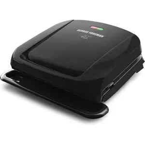 4-Serving Removable Plate Electric Grill and Panini Press, George Tough Non-Stick Coating, Drip Tray Catches Grease, Black
