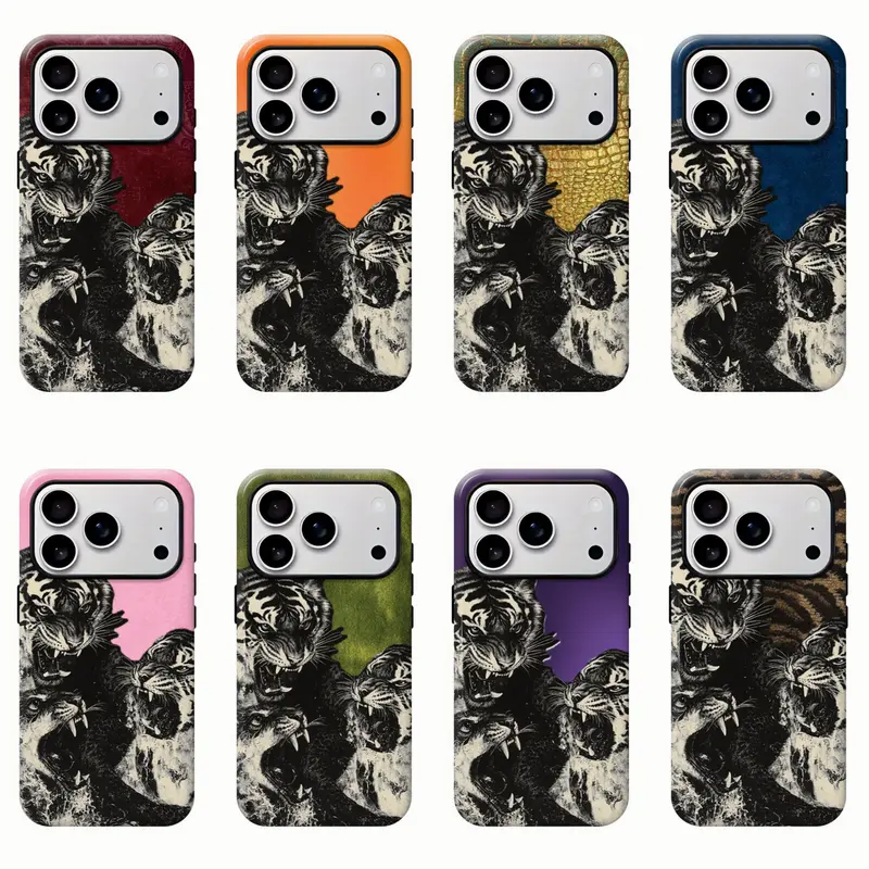 Retro Black & White Color-Blocked Roaring Tiger Sketch Cellphone Case, Sturdy 2-in-1 Mobile Phone Accessory, Personalized Phone Accessories for iPhone 17/16/15/14/13/12/11 Pro Max/Plus/Pro, Holiday Gift, Local
