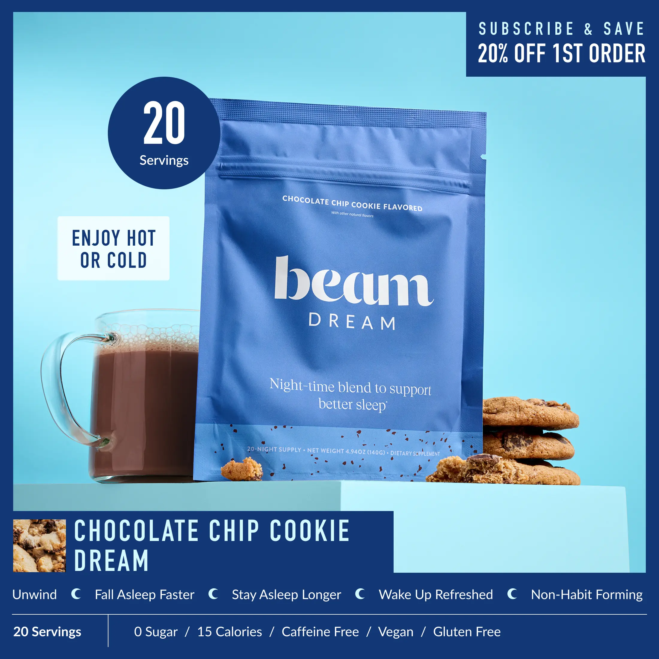 Beam Dream Clean Low Calorie Sugar Free Vegan Nighttime Hot Cocoa Milk Powder Supplement - 20 Servings, Chocolate Chip Cookie Flavor, Sleep Aid, Melatonin, L-Theanine, Magnesium, Third-Party Tested, Selfcare Health Wellness Product