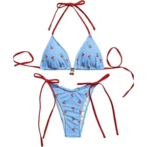 Women's 2 Piece Swimsuit Cherry Print Bikini Set Halter Triangle Bikini Side Tie String Bathing Suits