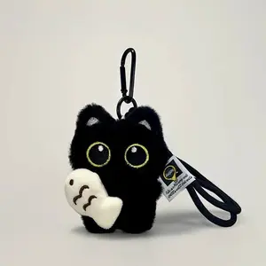 Creative Big-Eyed Black Cat Keychain: Cute Fish-Hugging Plush Doll & Adorable Couple Bag Pendant Decoration Piece