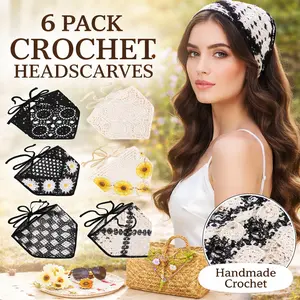 6 Pack Crochet Head Bandanas – Knit Vintage Scarf with Floral Daisy Pattern, Tie-Back Head Covering for Women – Boho Hair Accessory
