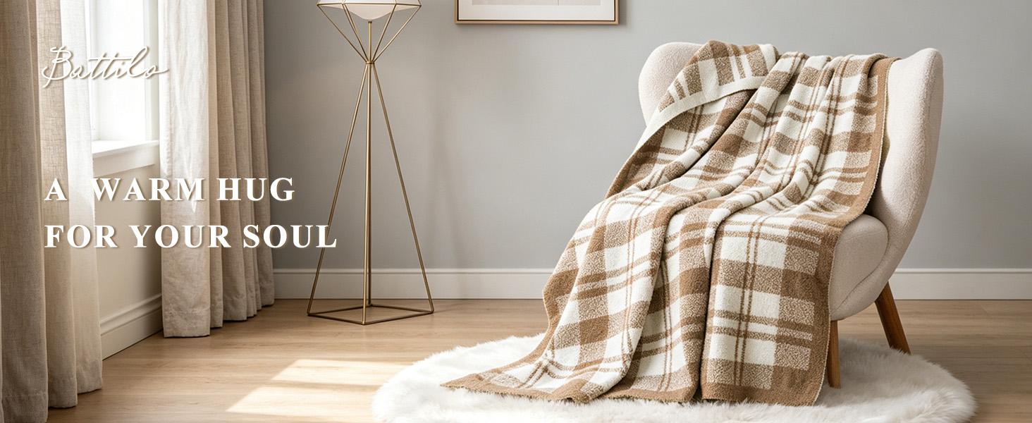 Battilo | Reversible Plaid Throw Blanket - Warm Aesthetic, Comfy, Knitted for Sofa & Bed, 50"x60" Home Decor Blanket