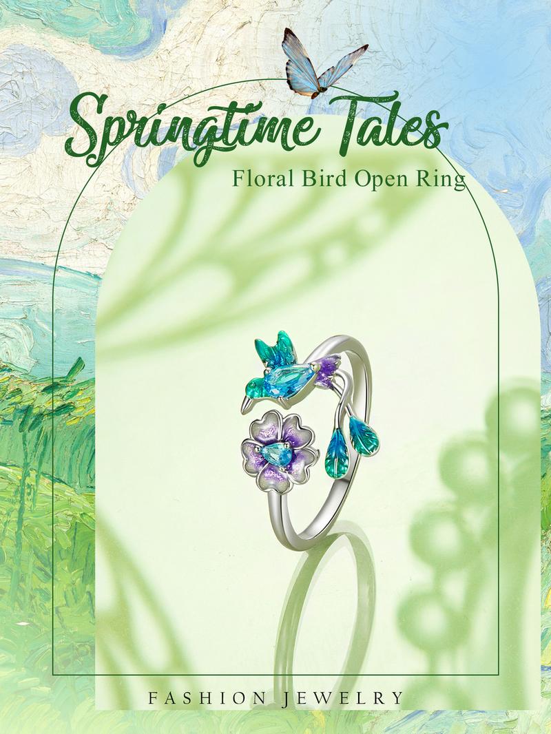 Présentation du produit : Bague ajustable BAMOER en argent sterling 925 avec motif floral et oiseau pour femme. Bague colibri en cristal, bijou scintillant à porter au quotidien, cadeau idéal pour une petite amie, une mère ou une épouse (taille 9).
