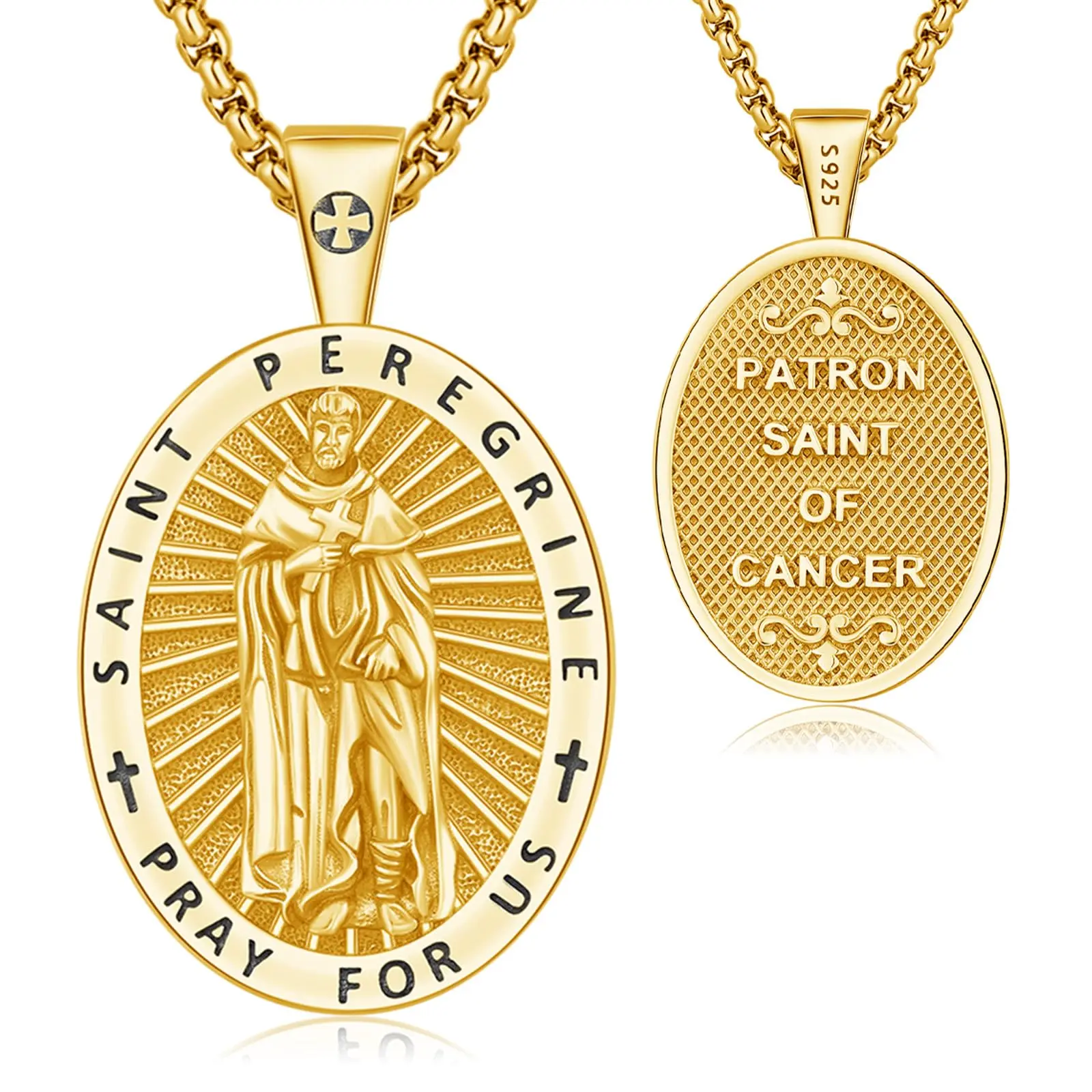 DRINSPER Saint Peregrine Chain Necklace, Retro 925 Sterling Silver Golden Pendant for Unisex, Patron Saint of Cancer Talisman, Hypoallergenic Jewelry, Chain Necklaces, Necklace Pendant Jewelry