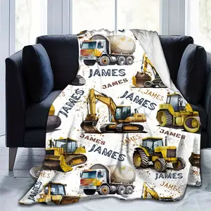 Personalized Fleece Throw Blanket Cute Excavator, Engineering Vehicle, Shovel Car, Custom Name Letter Customized Flannel Blanket, Gift Of Daughter Granddaughter Square Blanket Soft And Comfortable, Suitable For Adults At Home Picnic Travel