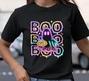 Neon Boo Ghost with Pumpkin Pail Unisex T-Shirt for Halloween