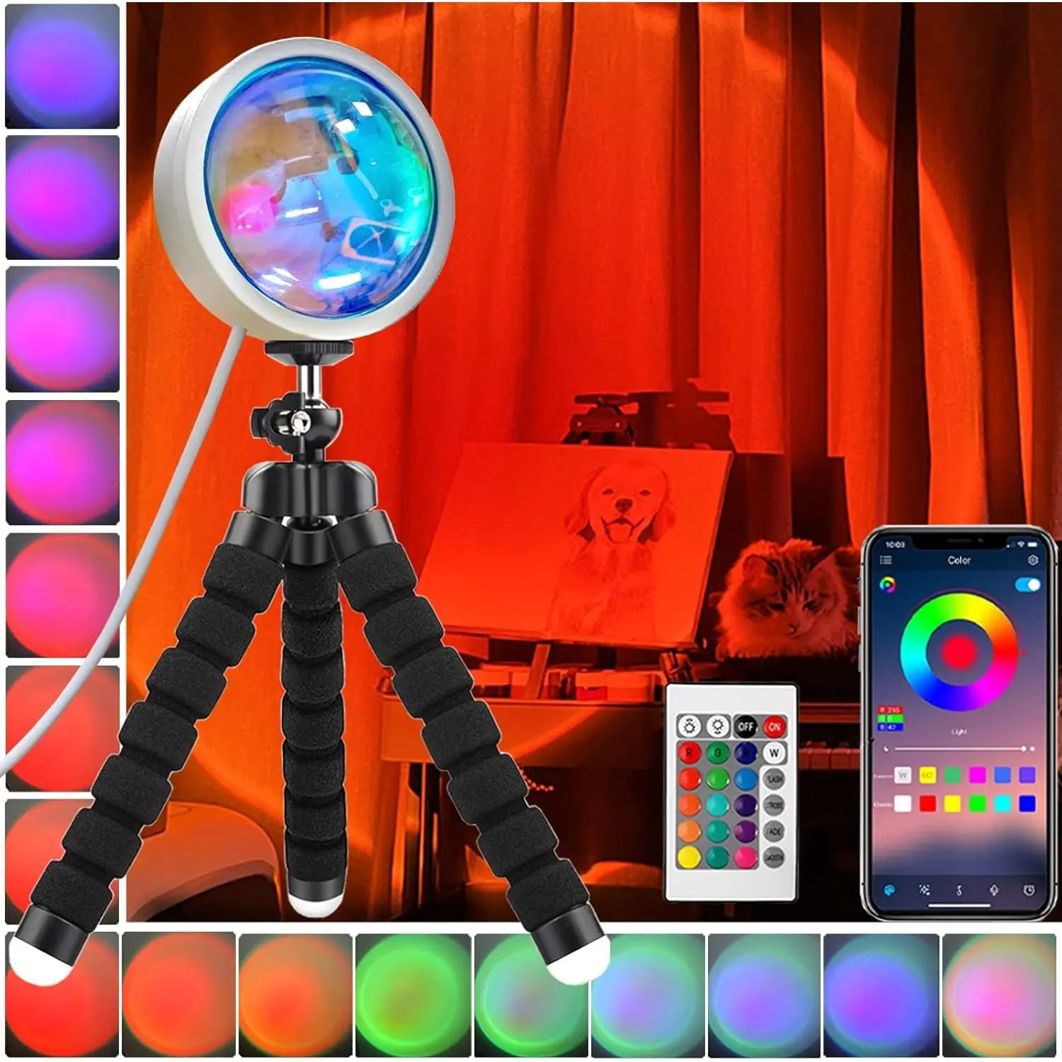 Sunset lamp Projector, Sunset Projection lamp.  App Control and Remote Control Tripod Sunset Light with Multiple Colors, Sunset lamp Bedroom Decor, 16 Color Changing and Fade Mode Night Light