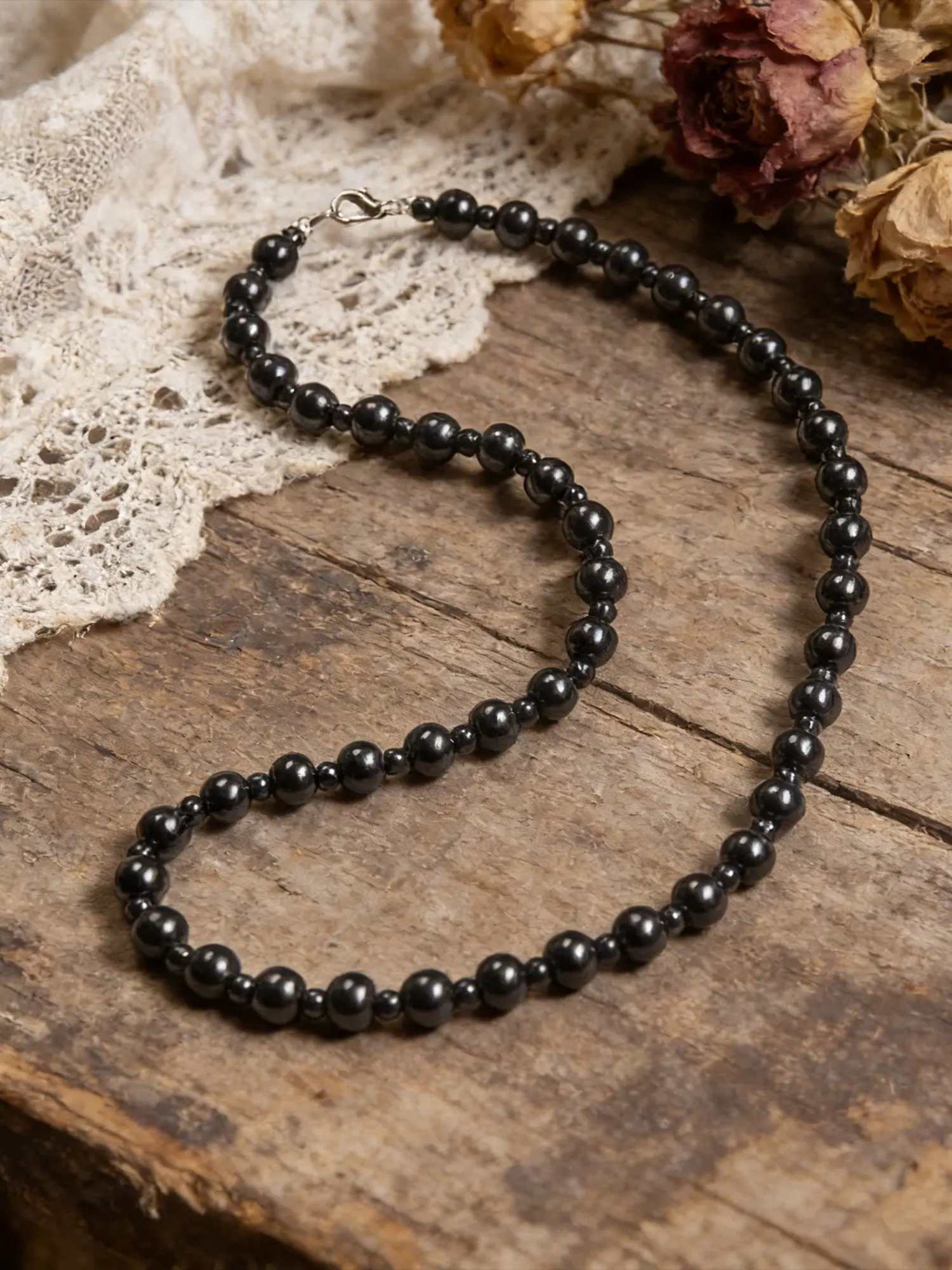 Fashion Vintage Appeal Hematite Stone Beaded Necklace, Unisex Design Short Chain Jewelry, Beaded Chains, Natural Stone Material, Retro Style, All Seasons Wear, Dainty Necklaces, Fashionable Jewelry Accessories