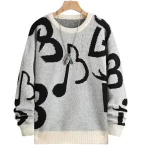 A black and white note number round neck sweater, featuring a casual and simple style, the round neck design is sleek and elegant, the overall design is practical and versatile, with a stylish note number pattern, knitted fabric that feels high quality, s