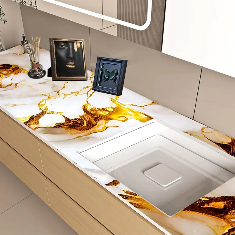 1 Piece Self-Adhesive PET Gold Foil Marble Pattern Thickened Oil-Proof & Waterproof Kitchen Sticker & Marble Backsplash Wallpaper, 40cm*300cm (15.75in*118.11in), Kitchen Counter