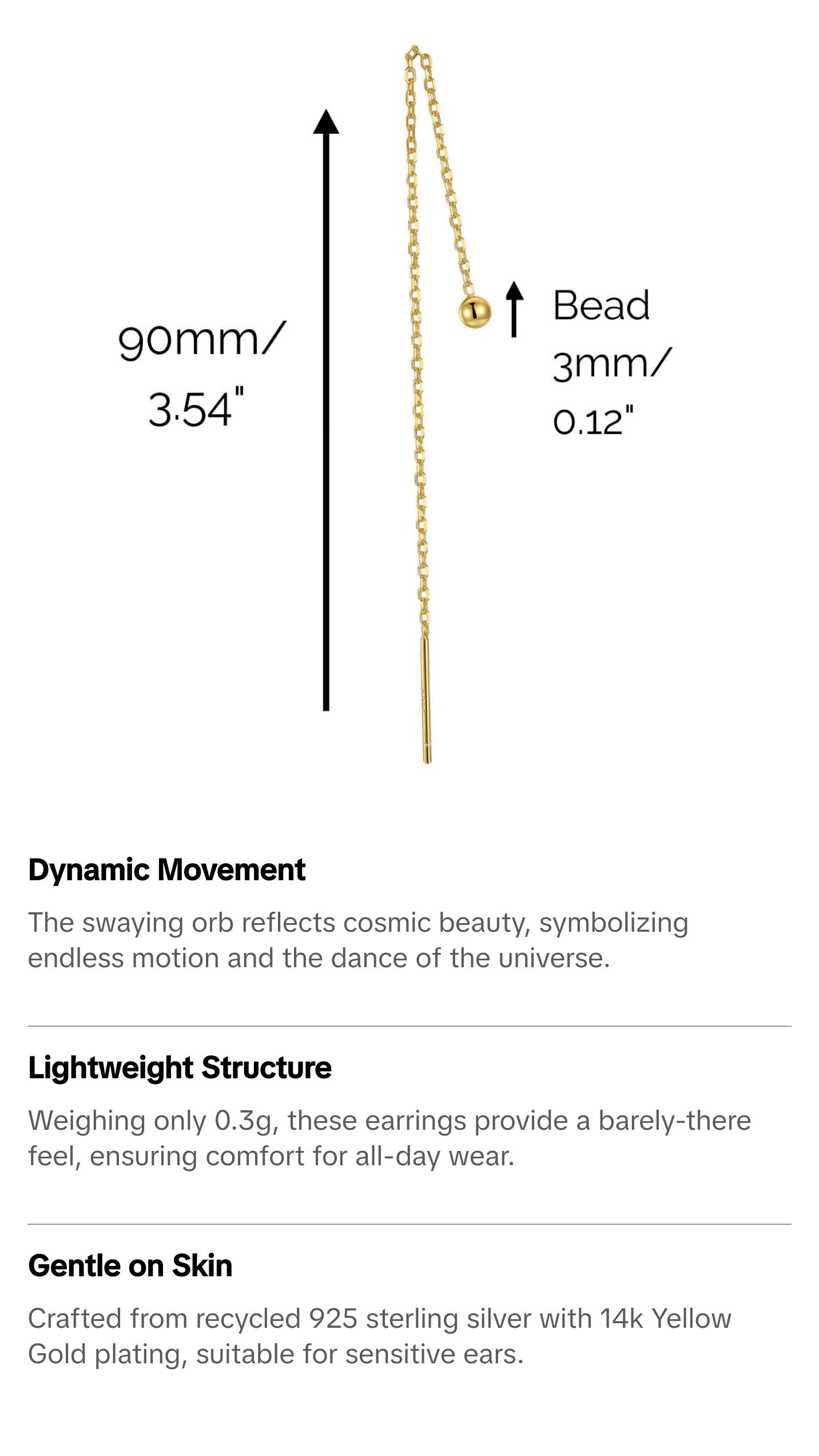 "Dancing Orb" 14K Yellow Gold Plated Sterling Silver Ball Long Threader Earring Piercing Chain Earrings