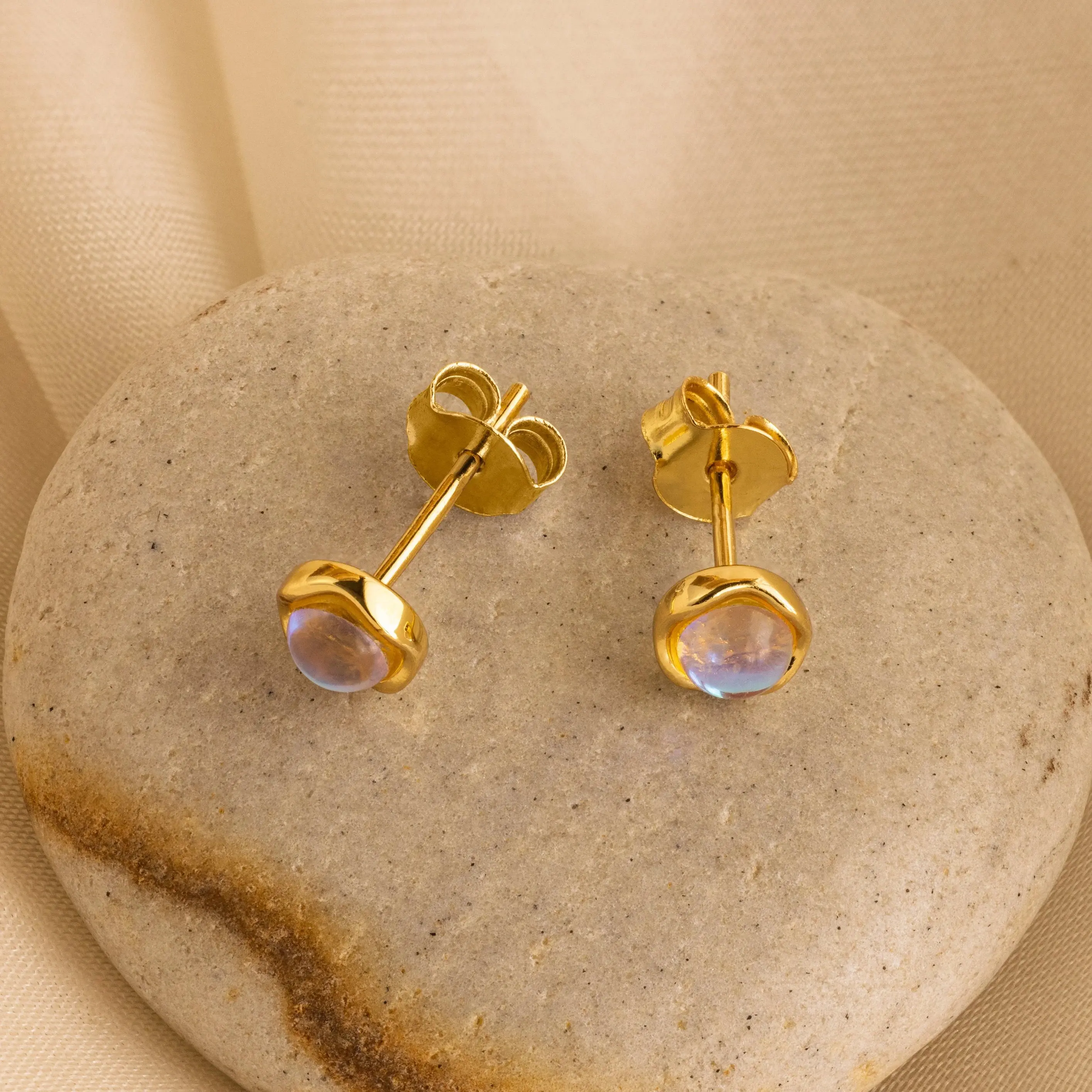 Moonstone Studs by Caitlyn Minimalist - Dainty Bezel Gemstone Earrings in Gold & Silver - Moonstone Jewelry - Birthday Gift for Her