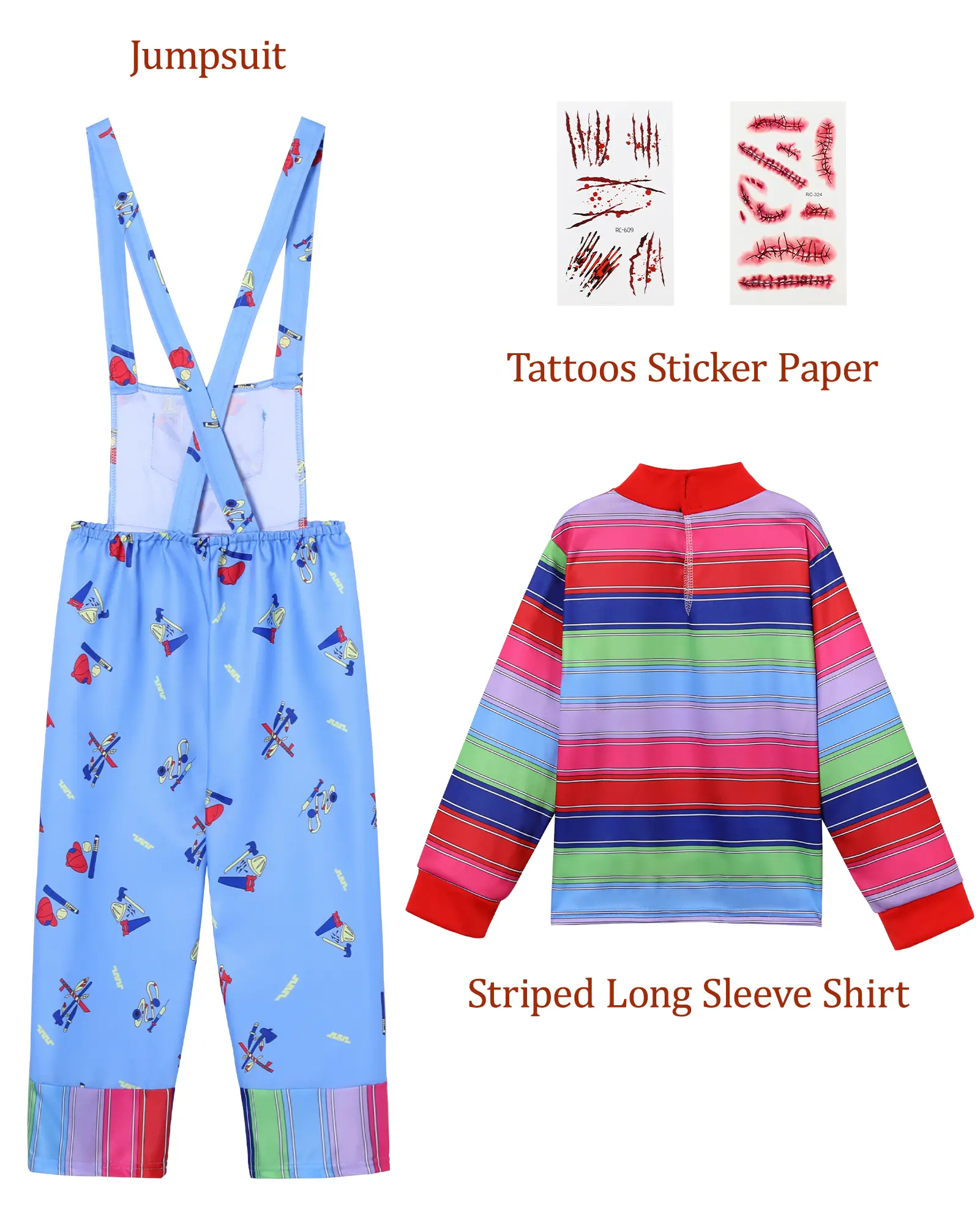 Boys and Girls Chucky Costume,Halloween Killer Role-Playing Costumes, Bizarre Costumes for Boys, and Girls, Including Tattoos Scars Stickers
