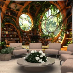 Vintage Full Wall Library Tapestry, European Artistic Extension Background Cloth, Atmosphere Style Living Room Bedroom Decoration, Home Textile