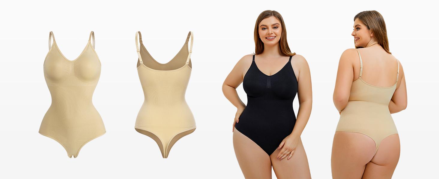 Nebility Women's V-Neck Thong Bodysuit - Sleeveless Faja Shapewear, Tummy Tuck Compression, Basic Minimalist Comfort (Black) Womenswear Vneck