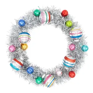 CHRISTMAS CONFETTI SILVER TINSEL WREATH WITH 1" AND 1.75" ROUNDS